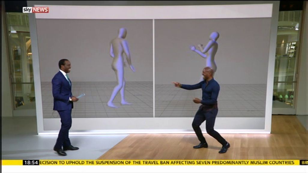 Gamal Fahnbulleh busts a move to the Sky News theme tune