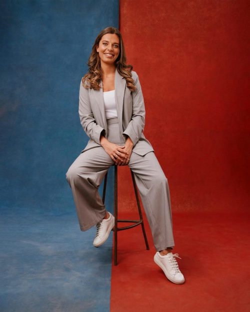 Photo by Emma Saunders on August 09, 2024. May be an image of 1 person, makeup, suit, blazer, sweatpants and sweatsuit.