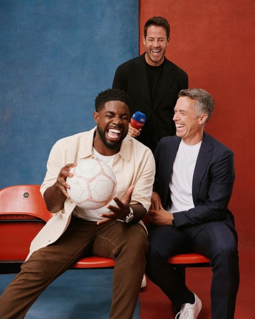 Photo shared by David Jones on August 09, 2024 tagging @micahrichards, and @jamie.redknapp. May be an image of 3 people, people playing football, people playing soccer, suit, ball and text.