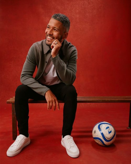 Photo shared by Sky Sports on August 09, 2024 tagging @jobimcanuff. May be an image of 1 person, playing football, playing soccer, suit, wingtip shoes, ball and sports equipment.